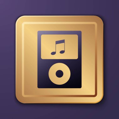 Mor Müzik çalar simgesi mor arkaplanda izole edildi. Taşınabilir müzik cihazı. Altın kare düğme. Vektör İllüstrasyonu