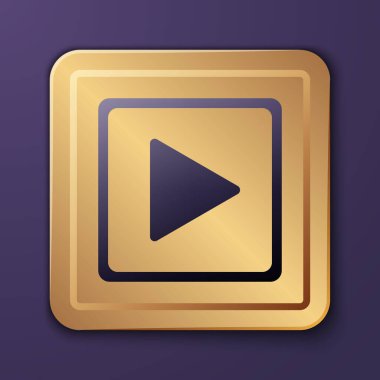 Mor arkaplanda izole edilmiş kare simgesiyle mor oyun. Altın kare düğme. Vektör İllüstrasyonu