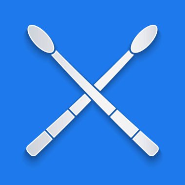 Kağıt kesiği davul çubukları simgesi mavi arkaplanda izole edilmiş. Müzik aleti. Kağıt sanatı tarzı. Vektör İllüstrasyonu