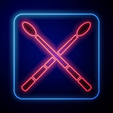 Parlayan neon davul çubukları simgesi mavi arkaplanda izole edildi. Müzik aleti. Vektör İllüstrasyonu