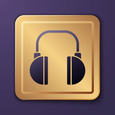Mor kulaklık simgesi mor arkaplanda izole edilmiş. Kulaklıklar. Müzik, hizmet, iletişim ve operatör konsepti. Altın kare düğme. Vektör İllüstrasyonu