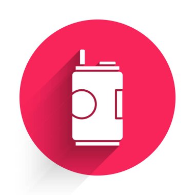 Beyaz Soda uzun gölgeli izole bir ikon. Kırmızı daire düğmesi. Vektör İllüstrasyonu