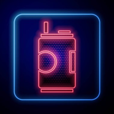 Parlayan neon soda kutusu ikonu mavi arkaplanda izole edildi. Vektör İllüstrasyonu