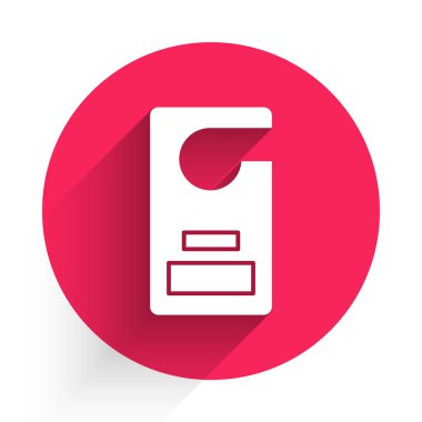 Beyaz lütfen uzun gölgeli ikonu rahatsız etmeyin. Otel Kapısı Askısı Etiketleri. Kırmızı daire düğmesi. Vektör İllüstrasyonu