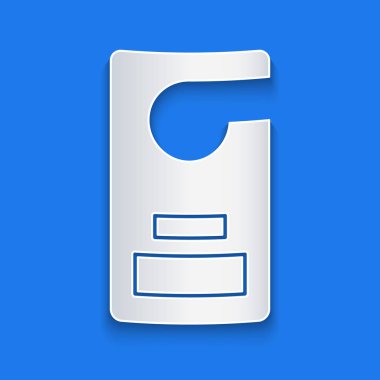 Kağıt kesiği. Lütfen mavi arkaplanda izole edilmiş simgeyi rahatsız etmeyin. Otel Kapısı Askısı Etiketleri. Kağıt sanatı tarzı. Vektör İllüstrasyonu