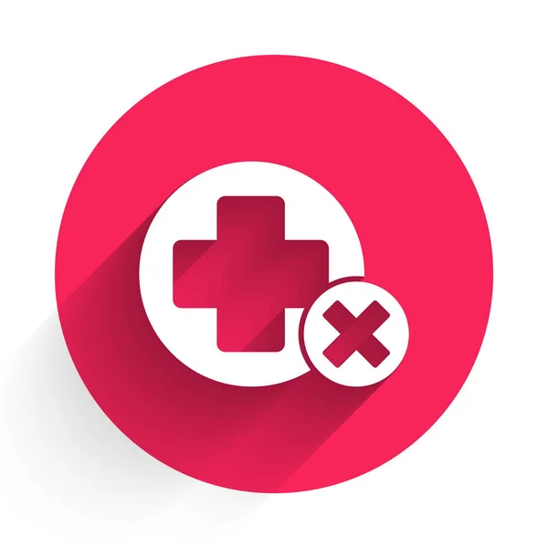 白色十字医院的医疗图标与很长的阴影隔离 诊断学符号 药品和制药标志 红圈按钮病媒图解 — 图库矢量图片