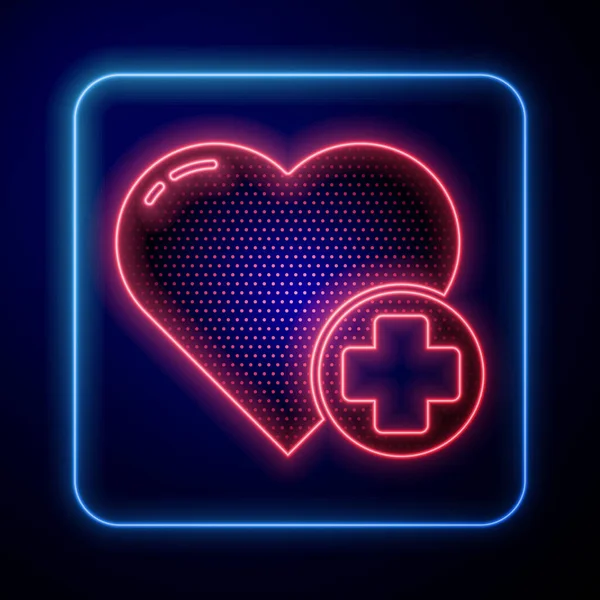 Leuchtendes Neonfarbenes Herz Mit Einem Kreuzsymbol Auf Blauem Hintergrund Erste — Stockvektor