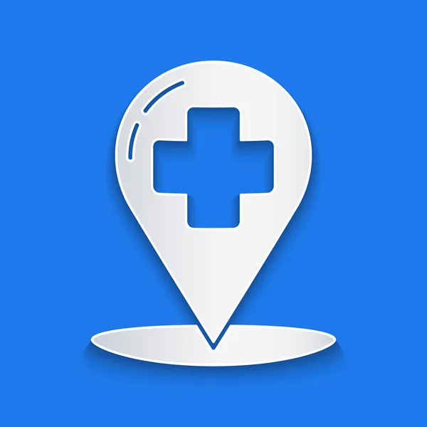 Papel Cortado Medical Map Pointer Com Ícone Hospital Cruzado Isolado — Vetor de Stock