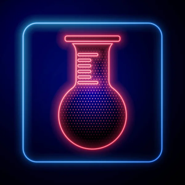 发光的霓虹灯试管和瓶图标隔离在蓝色背景 化学实验室测试 实验室玻璃器皿 病媒图解 — 图库矢量图片