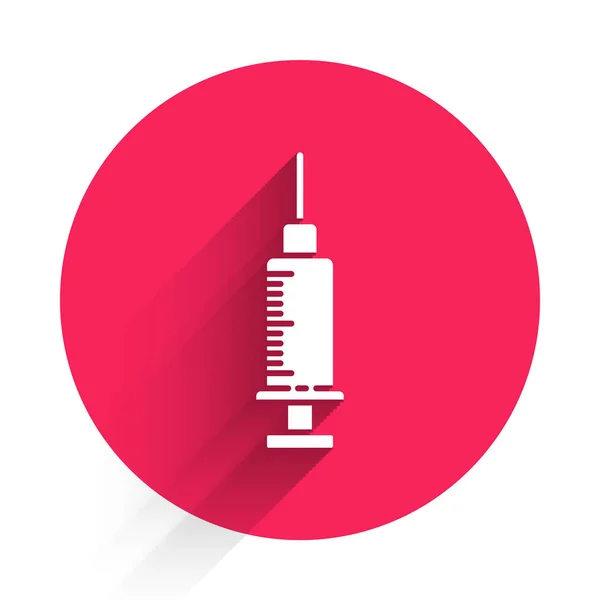 Witte Spuit Pictogram Geïsoleerd Met Lange Schaduw Spuit Voor Vaccin — Stockvector