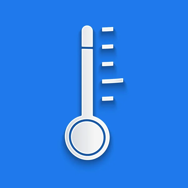 紙カット青い背景に隔離された気象温度計のアイコンを測定します 高温または低温を示す温度計機器 紙のアートスタイル ベクターイラスト — ストックベクタ