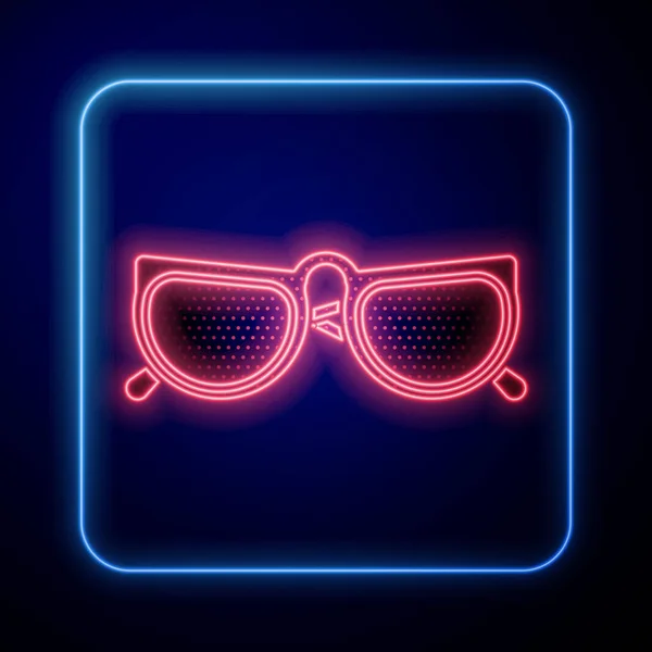 Icona Luminosa Neon Occhiali Isolata Sfondo Blu Simbolo Cornice Occhiali — Vettoriale Stock