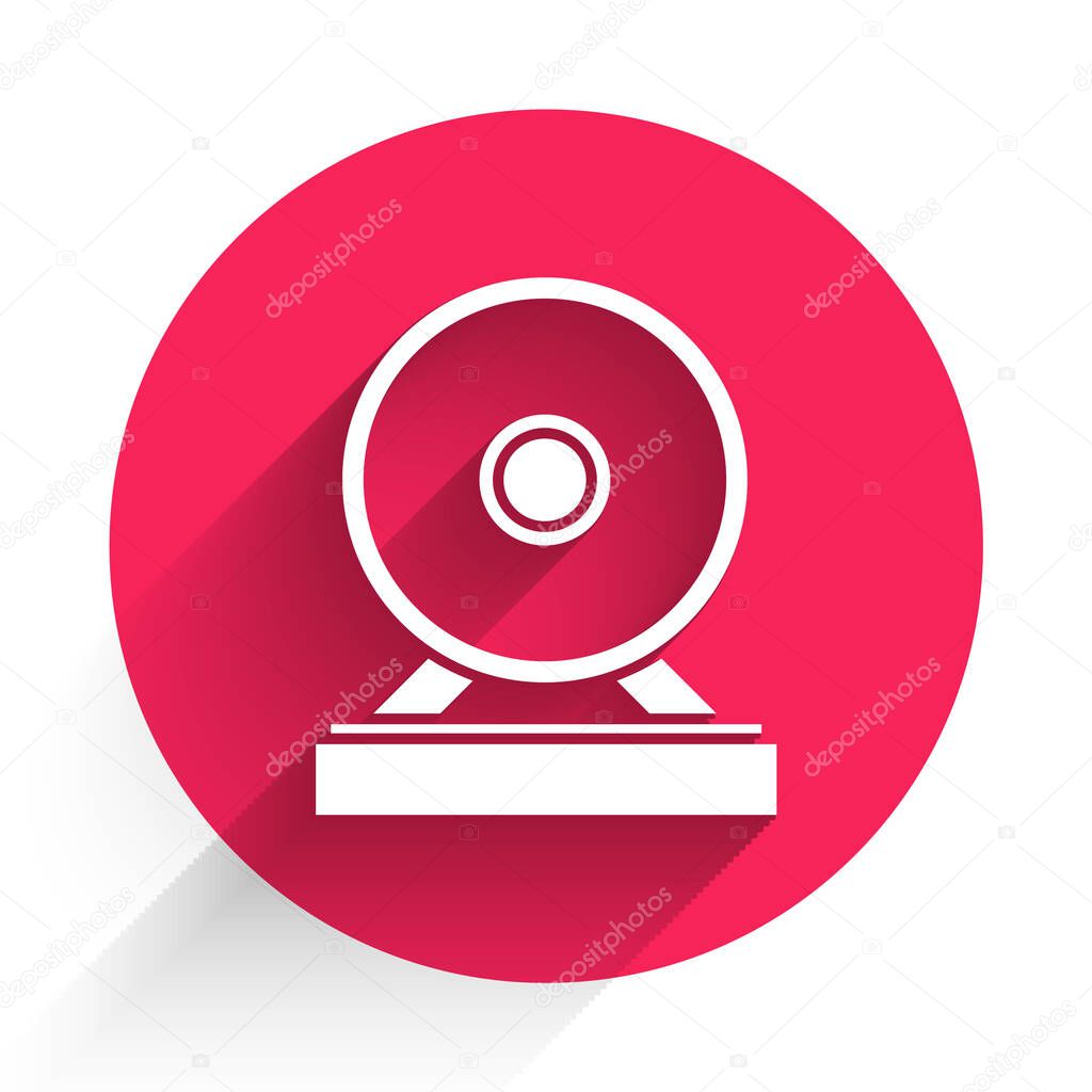 White Gong musical percussion instrument circular metal disc icon isolated with long shadow. Red circle button. Vector Illustration