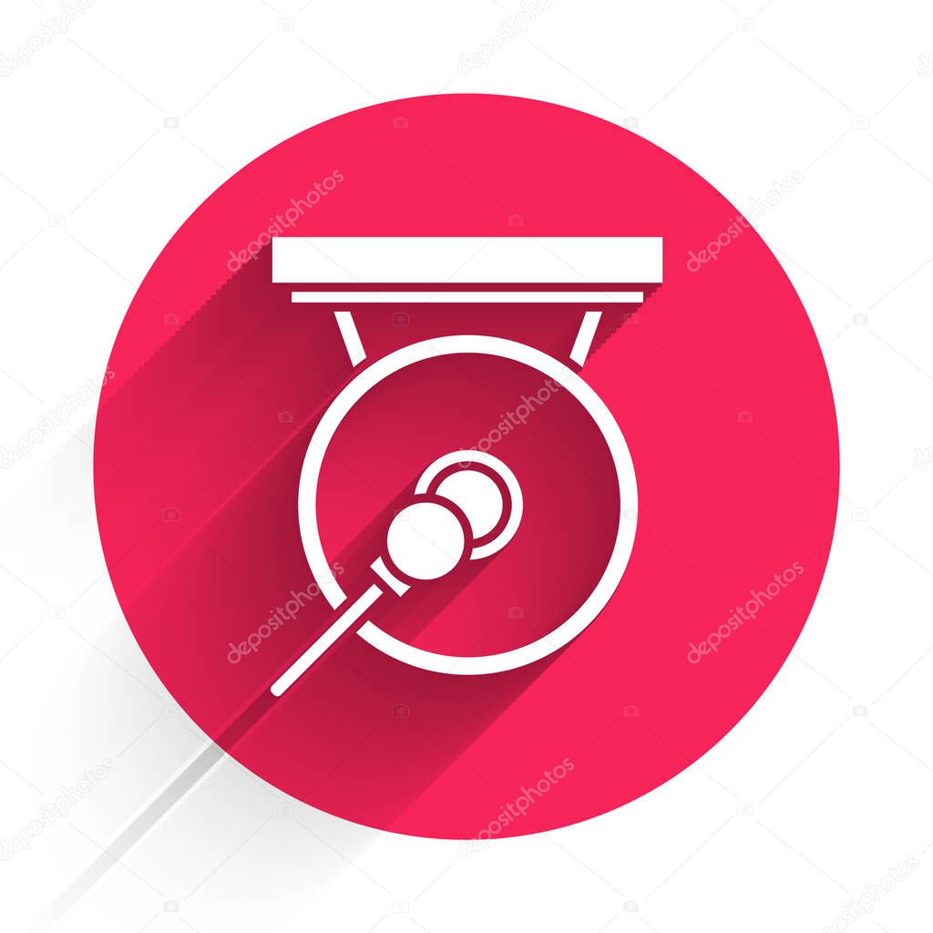White Gong musical percussion instrument circular metal disc and hammer icon isolated with long shadow. Red circle button. Vector Illustration
