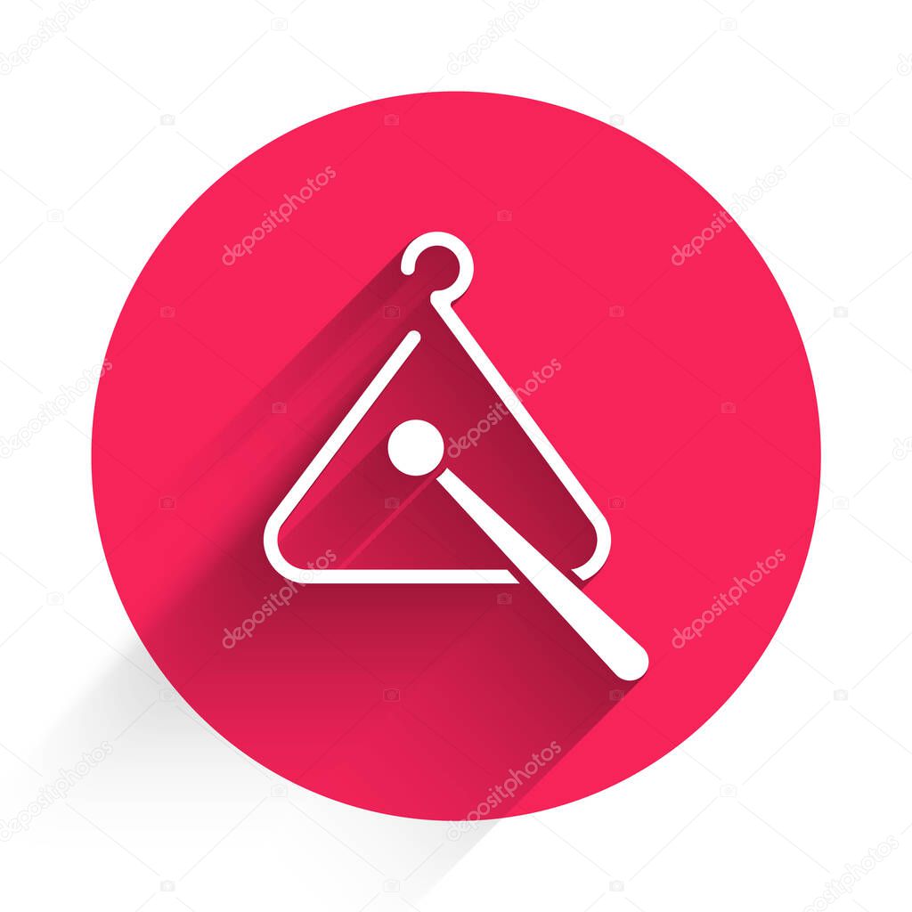 White Triangle musical instrument icon isolated with long shadow. Red circle button. Vector Illustration