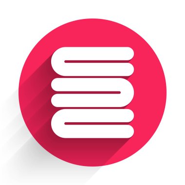 Beyaz Havlu yığın simgesi uzun gölgeli izole edilmiş. Kırmızı daire düğmesi. Vektör İllüstrasyonu