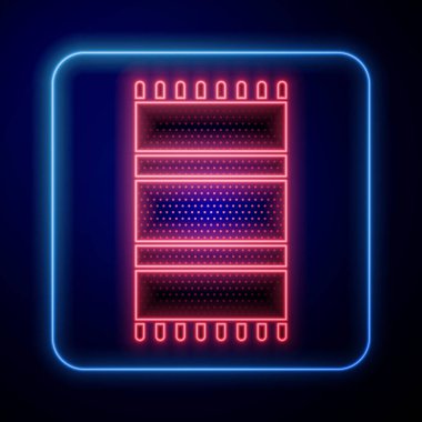 Parlayan neon plaj havlusu ikonu mavi arka planda izole edildi. Vektör İllüstrasyonu