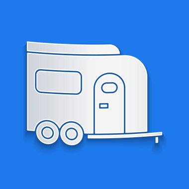 Kağıt kesiği Rv Kamp ikonu mavi arka planda izole edildi. Gezici ev, karavan, yolculuk için ev karavanı. Kağıt sanatı tarzı. Vektör İllüstrasyonu