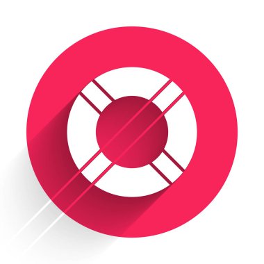 Beyaz Lifebuoy simgesi uzun gölgeli izole edilmiş. Hayat kurtaran yüzen can simidi plaj için, kurtarma kemeri insanları kurtarmak için. Kırmızı daire düğmesi. Vektör İllüstrasyonu
