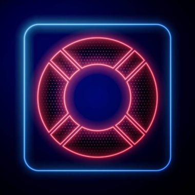 Parlayan neon rengi Lifebuoy simgesi mavi arkaplanda izole edildi. Hayat kurtaran yüzen can simidi plaj için, kurtarma kemeri insanları kurtarmak için. Vektör İllüstrasyonu