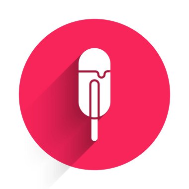 Uzun gölgeli beyaz dondurma ikonu. Güzel sembol. Kırmızı daire düğmesi. Vektör İllüstrasyonu