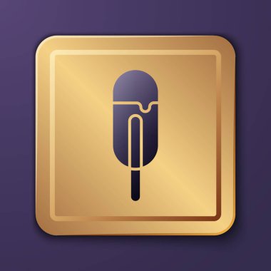 Mor arkaplanda izole edilmiş mor dondurma ikonu. Güzel sembol. Altın kare düğme. Vektör İllüstrasyonu