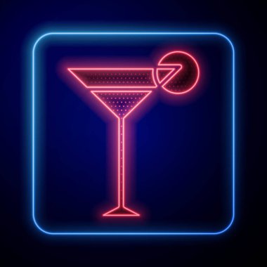 Parlayan neon martini cam ikonu mavi arka planda izole edilmiş. Kokteyl ikonu. Şarap kadehi ikonu. Vektör İllüstrasyonu