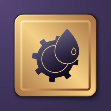 Mor Petrol ve gaz endüstriyel yapı ikonu mor arka planda izole edildi. Altın kare düğme. Vektör İllüstrasyonu