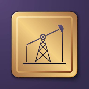 Mor yağ pompası ya da pompa ikonu mor arka planda izole edilmiş. Petrol platformu. Altın kare düğme. Vektör İllüstrasyonu