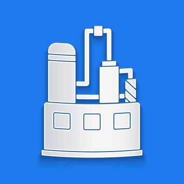 Kağıt kesiği, petrol ve gaz endüstriyel yapı ikonu mavi arka planda izole edildi. Kağıt sanatı tarzı. Vektör İllüstrasyonu