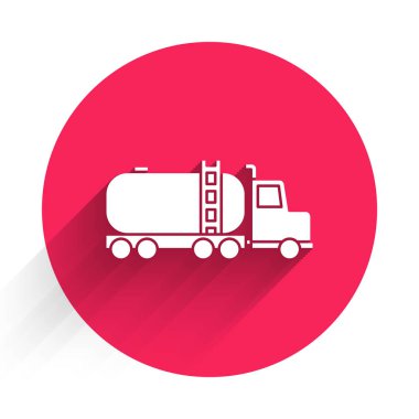 Beyaz Tanker ikonu uzun gölgeli izole edilmiş. Petrol tankeri, petrol kamyonu, sarnıç, petrol karavanı. Kırmızı daire düğmesi. Vektör İllüstrasyonu