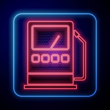 Parlayan neon gazı ya da benzin istasyonu simgesi mavi arkaplanda izole edildi. Araba yakıtı sembolü. Benzin pompası. Vektör İllüstrasyonu