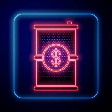 Parlayan neon varil yağı ve mavi arka planda izole edilmiş dolar sembolü. Vektör İllüstrasyonu