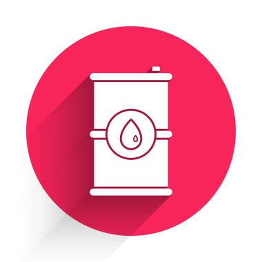 Beyaz Varil yağ ikonu uzun gölgeli izole edilmiş. Kırmızı daire düğmesi. Vektör İllüstrasyonu