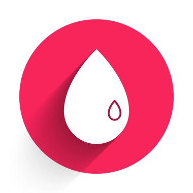 Beyaz yağ damlası ikonu uzun gölgeli izole edilmiş. Kırmızı daire düğmesi. Vektör İllüstrasyonu