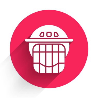 Beyaz Hokey miğferi ikonu uzun gölgeli izole edilmiş. Kırmızı daire düğmesi. Vektör İllüstrasyonu