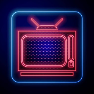 Parlayan neon televizyon ikonu mavi arkaplanda izole edildi. Televizyon tabelası. Vektör İllüstrasyonu
