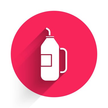 Uzun gölgeli beyaz fitness sallama simgesi. Su ve protein kokteylleri için kapaklı spor karıştırıcı şişesi. Kırmızı daire düğmesi. Vektör İllüstrasyonu