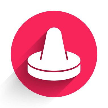 Masa hokeyi oynamak için uzun gölgeli beyaz çekiç ve disk. Kırmızı daire düğmesi. Vektör İllüstrasyonu