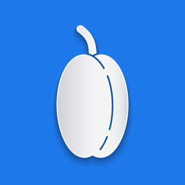 Kağıt kesiği Erik meyvesi simgesi mavi arkaplanda izole edilmiş. Kağıt sanatı tarzı. Vektör İllüstrasyonu