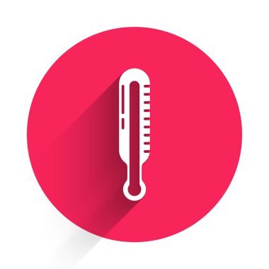 Beyaz Meteoroloji termometresi uzun gölgeli ikonu izole ediyor. Termometre termometresi sıcak ya da soğuk hava gösteriyor. Kırmızı daire düğmesi. Vektör İllüstrasyonu