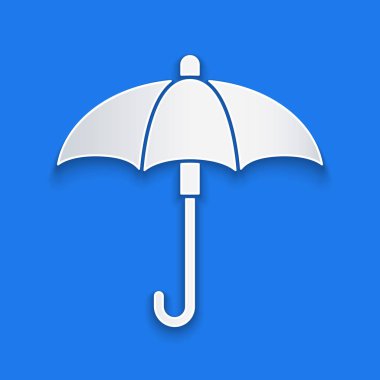 Kağıt kesilmiş Klasik zarif açık şemsiye simgesi mavi arka plan üzerinde izole. Yağmurdan korunma sembolü. Kağıt sanat tarzı. Vektör İllüstrasyonu