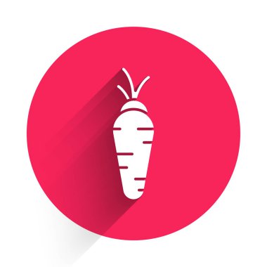 Beyaz Havuç ikonu uzun gölgeli izole edilmiş. Kırmızı daire düğmesi. Vektör İllüstrasyonu