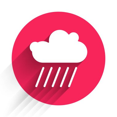 Uzun gölgeli, ikonlu beyaz bulut. Yağmur damlaları ile yağmur bulutu yağışı. Kırmızı daire düğmesi. Vektör İllüstrasyonu