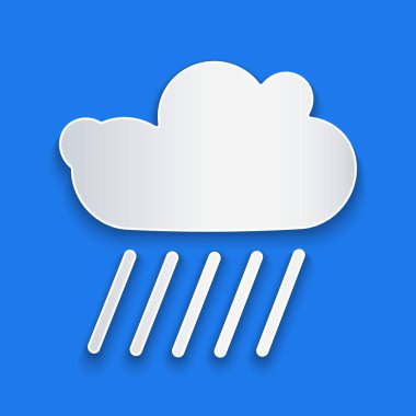 Kağıt mavi arka plan üzerinde izole yağmur simgesi ile Bulut kesti. Yağmur damlaları ile yağmur bulutu yağış. Kağıt sanat tarzı. Vektör İllüstrasyonu