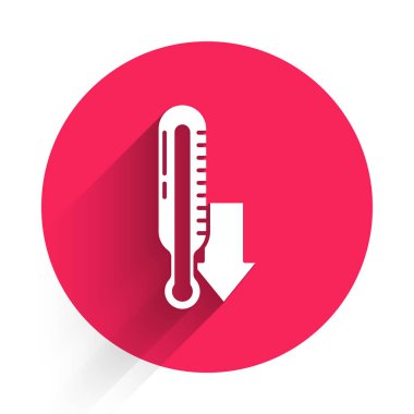 Beyaz Meteoroloji termometresi uzun gölgeli ikonu izole ediyor. Termometre termometresi sıcak ya da soğuk hava gösteriyor. Kırmızı daire düğmesi. Vektör İllüstrasyonu