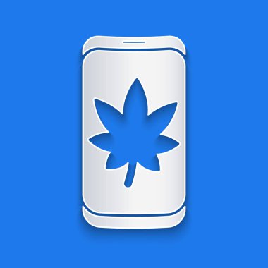 Cep telefonu ekranındaki kağıt kesiği simgesi mavi arkaplanda izole edilmiş. Kağıt sanatı tarzı. Vektör İllüstrasyonu