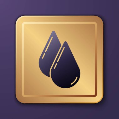 Mor Su Damlası simgesi mor arkaplanda izole edildi. Altın kare düğme. Vektör İllüstrasyonu