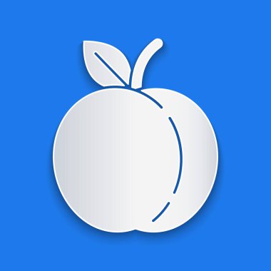 Kağıt kesiği Şeftali meyvesi veya nektarin. Mavi arka planda yaprak simgesi var. Kağıt sanatı tarzı. Vektör İllüstrasyonu