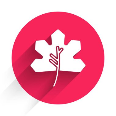 Beyaz Yaprak simgesi uzun gölgeli. İşaret bırakıyor. Taze doğal ürün sembolü. Kırmızı daire düğmesi. Vektör İllüstrasyonu